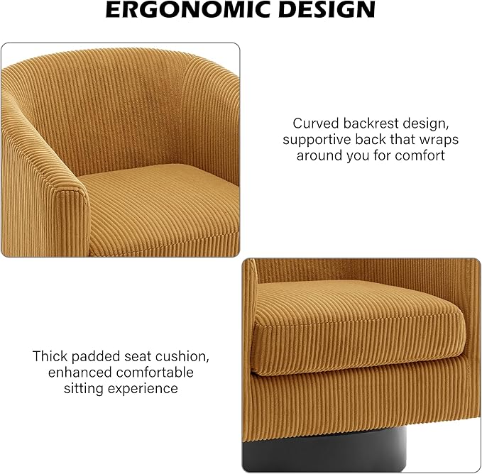 Swivel Barrel Accent Chair, Modern Round Corduroy Fabric Arm Chair for Living Room, Bedroom, Comfy Club Reading Chairs for Adults (Corduroy Orange, Set of 4)
