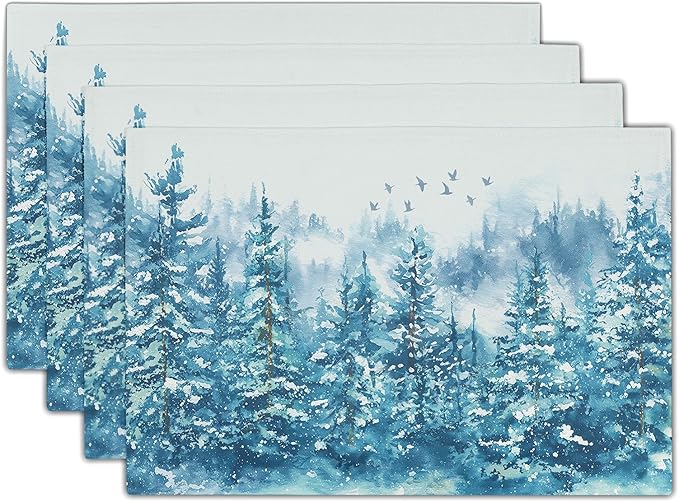 Blue Christmas Placemats Set of 4 Teal Winter Watercolor Tree Snow Theme Place Mats 12x18 Inch Xmas Holiday Washable Table Mats for Home Party Kitchen Dining