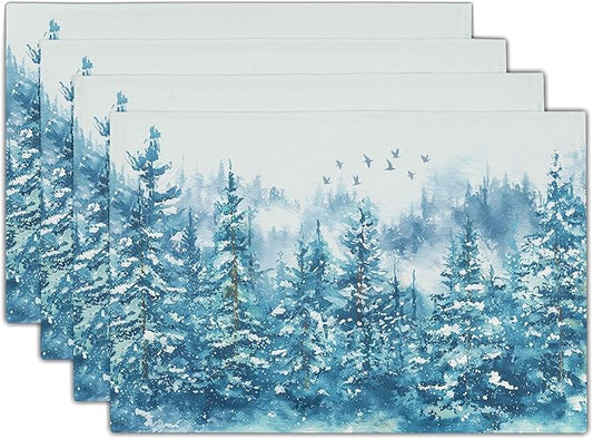 Blue Christmas Placemats Set of 4 Teal Winter Watercolor Tree Snow Theme Place Mats 12x18 Inch Xmas Holiday Washable Table Mats for Home Party Kitchen Dining