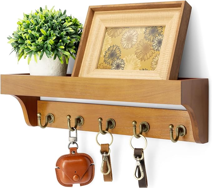 Rebee Vision Decorative Key Holder for Wall with Shelf: Farmhouse Mail Rack with 5 Sturdy Key Hooks for Home Decor, Apartment, Entryway and Hallway (Light Brown)