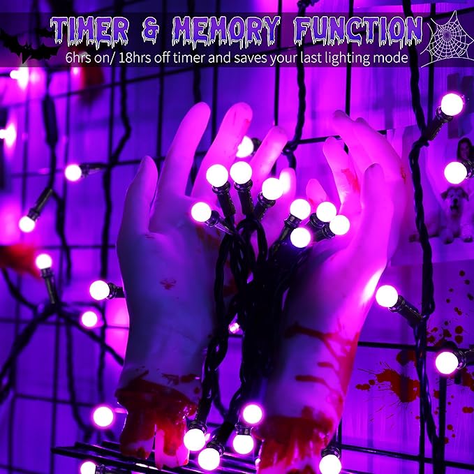 Brizled Purple Halloween Lights, 66ft 200 LED String Connectable, 8 Modes Berry Lights With Timer, Outdoor Plugin for Garden Tree Indoor Party