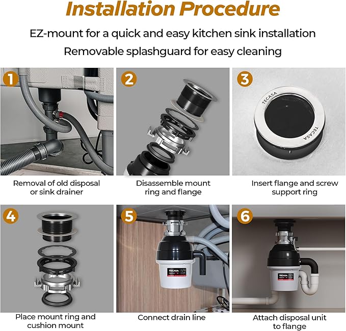 3/4 HP Batch Feed Garbage Disposal, TECASA Stainless Steel Food Waste Grinding System for Kitchen Sink Food Waste, Power Cord Included, Sound Reduction, Grey and Black - HyperCrush 75 BF