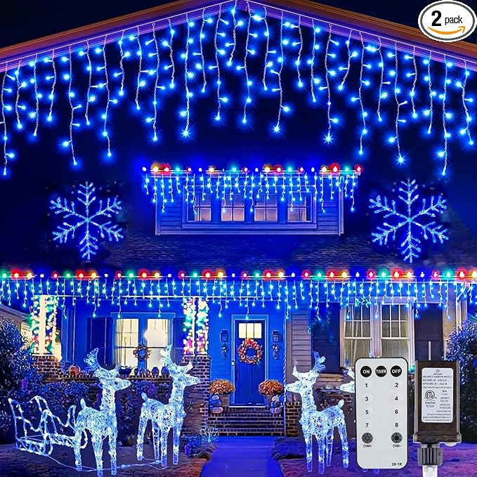 Brightown Blue Icicle Lights, 66Ft 736 LED Outdoor with 138 Drops, 8 Modes Remote and Timer for Halloween, Hanukkah