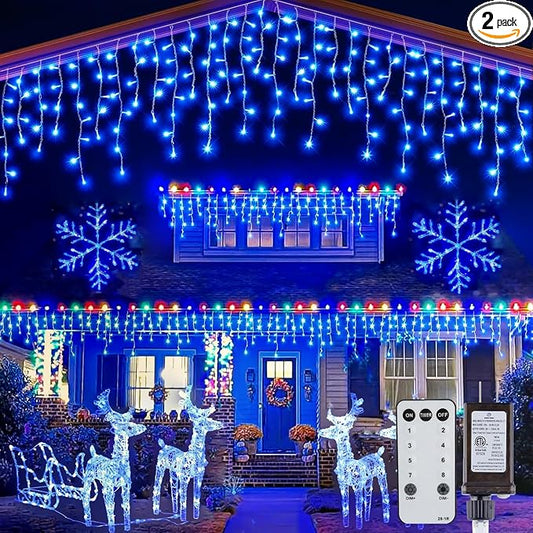 Brightown Blue Icicle Lights, 66Ft 736 LED Outdoor with 138 Drops, 8 Modes Remote and Timer for Halloween, Hanukkah
