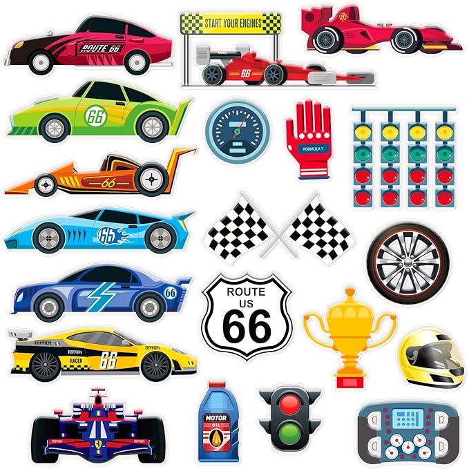 23 PCS Racing Car Thick Gel Clings Car Themed Window Gel Clings Decals Stickers for Kids Toddlers and Adults Home Airplane Classroom Nursery Transportation Party Supplies Decorations Removable and
