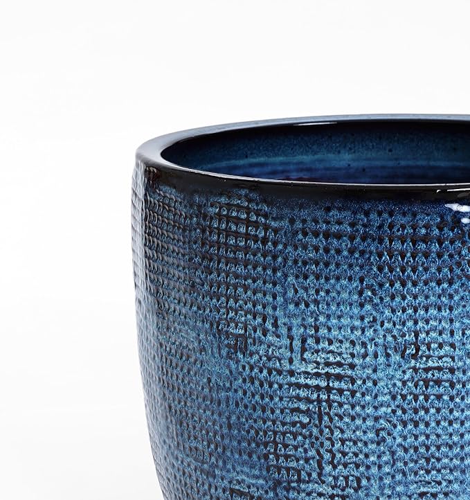 LuxenHome 15.5-Inch Dia Ceramic Planters, Large Outdoor Indoor Plant Pots with Drainage Hole and Rubber Plug, Modern Ocean Blue Glazed Round Flower Pot Planters for Home Garden Patio