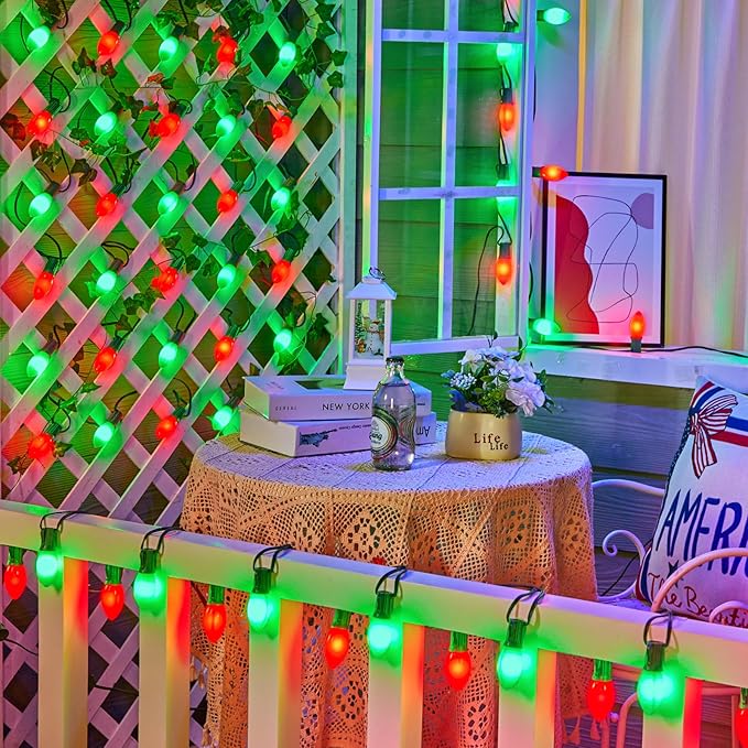 Vintage C9 LED Christmas Lights Outdoor, 50 Feet C9 String Lights with 50 Shatterproof Matte Bulbs, Connectable Waterproof Lights for Holiday Party Roofline Backyard Garden Patio, Red & Green