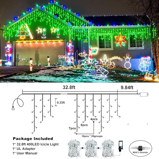 Icicle Lights for Outside, 33FT 400 LED Christmas Lights Outdoor with 8 Modes 75 Drops, Waterproof Connectable Twinkle String Decoration Light for Home Eaves Party Yard Garden Decor, Green