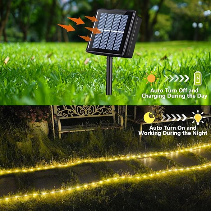 YEGUO 2 Packs Each 33ft 100 LED Solar Rope Lights Outdoor Waterproof, Warm White String Lights for Outside, 8 Modes Fairy Lights in Clear Thin Tube for Camping Fence Patio Garden Trampoline Deck