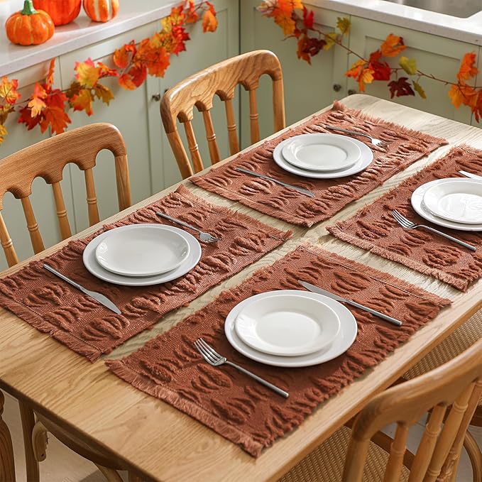Nuanchu 4 PCS Rust Pumpkin Fall Placemats 13 x 19 Inch Autumn Harvest Soft Plush Faux Fur Wool Table Mats Thanksgiving Placemats for Party Kitchen Dining Decoration