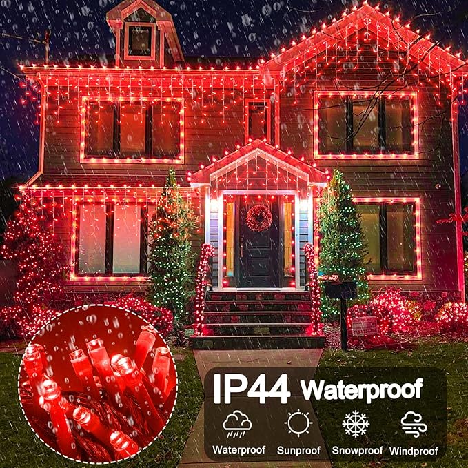 Red Christmas Lights Outdoor, 33ft 400 LED Icicle Lights for Outside Clear Wire Connectable Twinkle Light with 8 Modes Timer Plug in Waterproof for Window Party Wedding Holiday Decorations