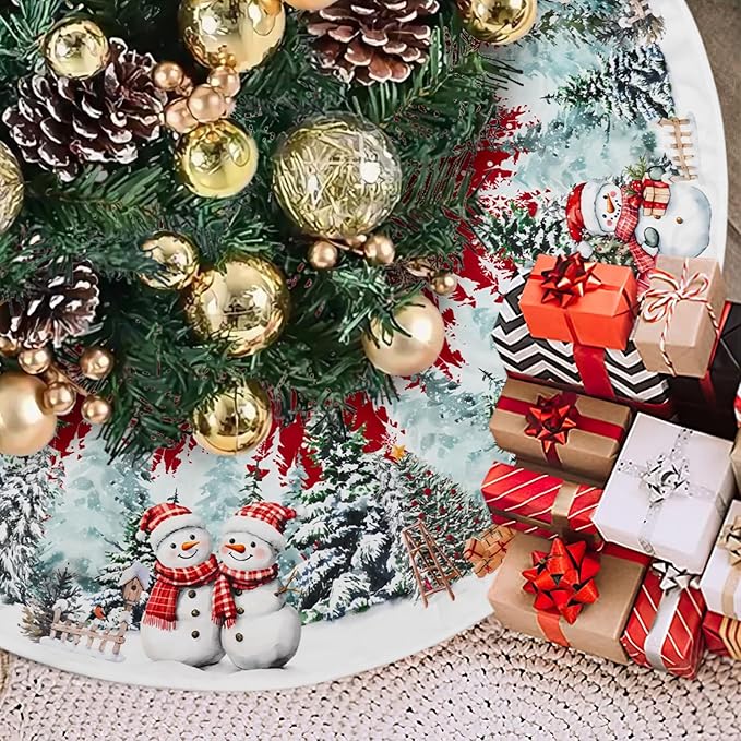 Christmas Tree Skirt 48 Inch, Red Snowman Trucker Xmas Tree Skirts, Winter Christmas Trees Mat for Home Party Holiday Indoor Outdoor Decorations