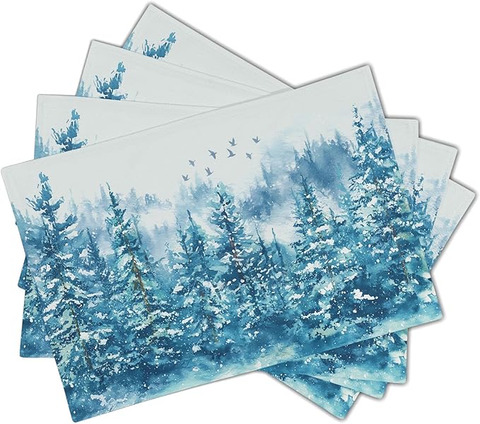 Blue Christmas Placemats Set of 4 Teal Winter Watercolor Tree Snow Theme Place Mats 12x18 Inch Xmas Holiday Washable Table Mats for Home Party Kitchen Dining