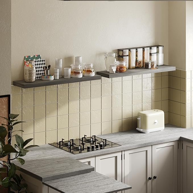 BAMEOS Floating Shelves, Walnut Wall Mounted Wooden Shelves with Invisible Brackets Set of 2, Hanging Wall Shelves Decoration for Bedroom, Bathroom, Living Room and Kitchen