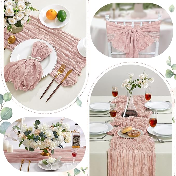6 Pack Dusty Pink Cheesecloth Table Runner 10FT Long Boho Gauze Table Runner Rustic Sheer Runner for Wedding Bridal Baby Shower Birthday Party Table Decor Thanksgiving Christmas Decorations