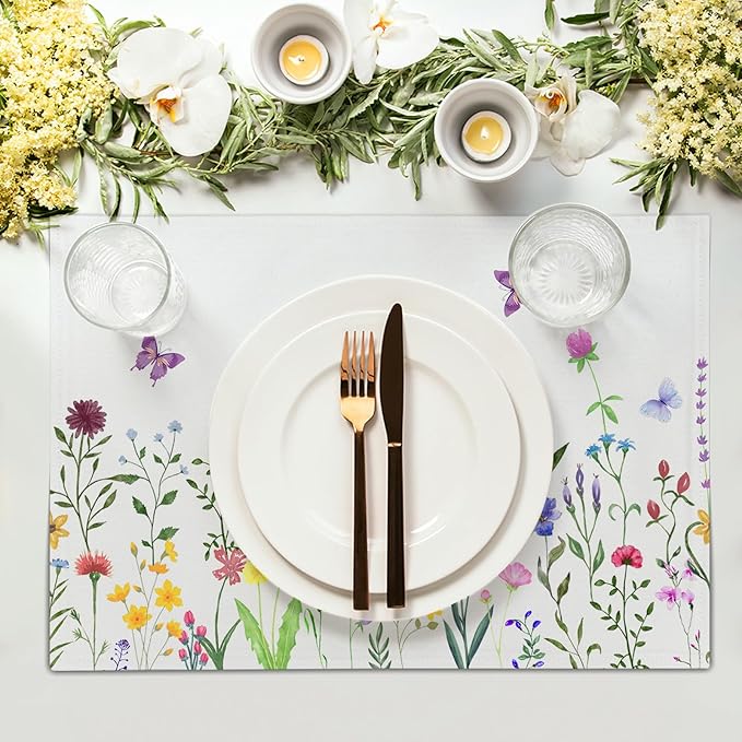 Spring Summer Floral Placemats Set of 4 Spring Easter Wild Flower Butterfly Washable Non-Slip Heat Resistant Place Mats 12x18 Inch Linen Table Mats for Kitchen Dining Party Decor