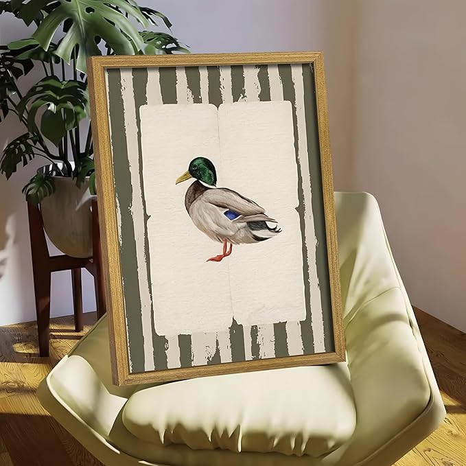 Vintage Framed Duck Wall Art Print, Rustic Mallard Bird Illustration Canvas Poster, Cottagecore Animal Artwork, Farmhouse Nature Wall Decor for Living Room Kitchen Bathroom Bedroom 16x24 inch