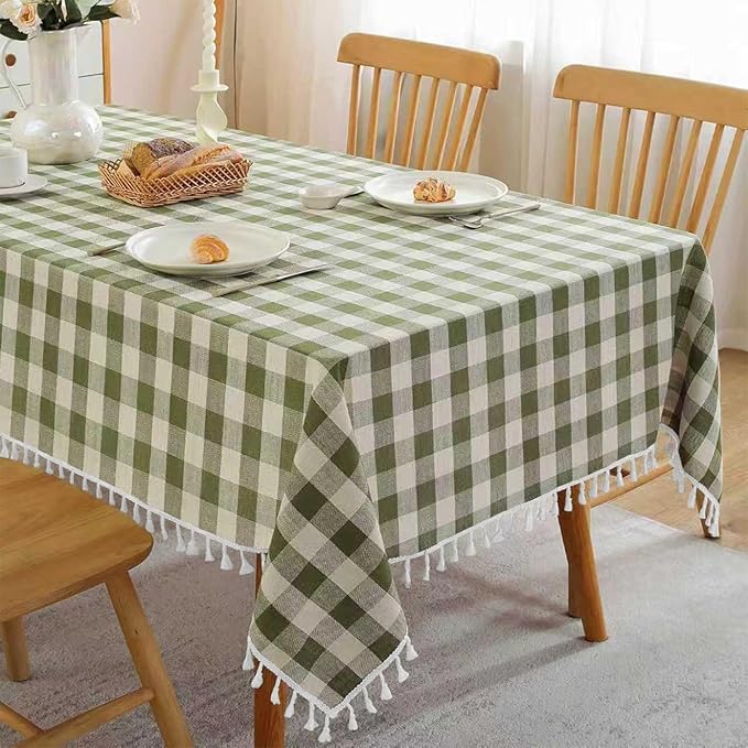JIALE Gingham Tablecloth Rectangle Cotton Linen Fabric Checkered Table Cloth with Tassel Washable Wrinkle Free Buffalo Plaid Table Cover for Spring Outdoor Party Picnic Kitchen Dining, Green, 55x75