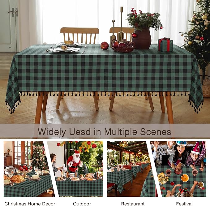 JIALE Gingham Tablecloth Rectangle Cotton Linen Fabric Checkered Table Cloth with Tassel Washable Wrinkle Free Buffalo Plaid Table Cover for Christmas, Party Kitchen Dining, Green and Black, 55x106