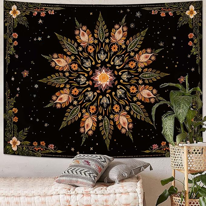 Fowocu Boho Floral Mandala Tapestry for Bedroom Aesthetic Vintage Bohemian Flower Wall Tapestry Black Green Hippie Indian Extra Large Tapestries Wall Hanging for Living Room Dorm Decor 90 x 68 Inch