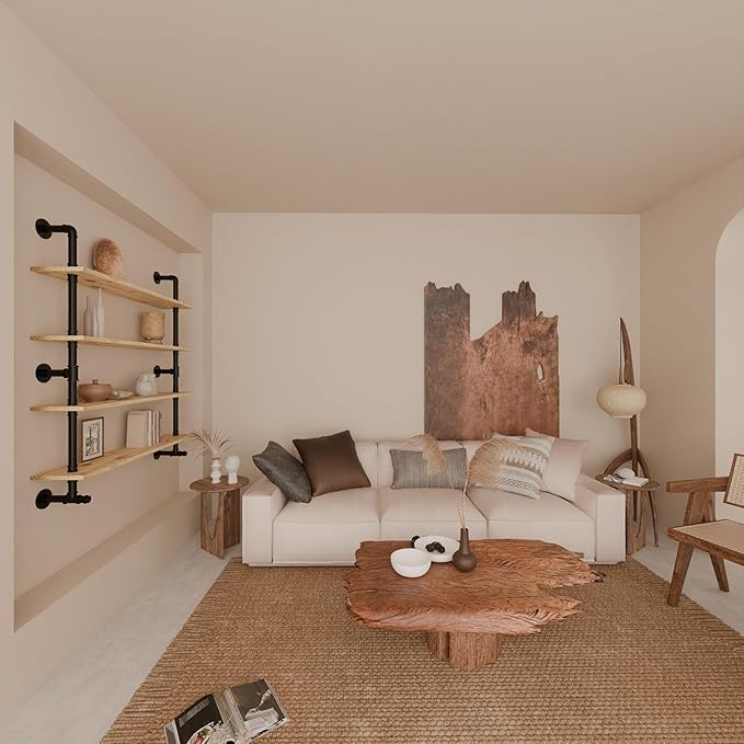 Industrial Pipe Wall Shelves Shelving with Real Wood Plank,48 Inches Floating Shelf for Wall Farmhouse Book Shelves Dark Brown 4 Tier for Kitchen,Living Room Decor and Bar Shelving