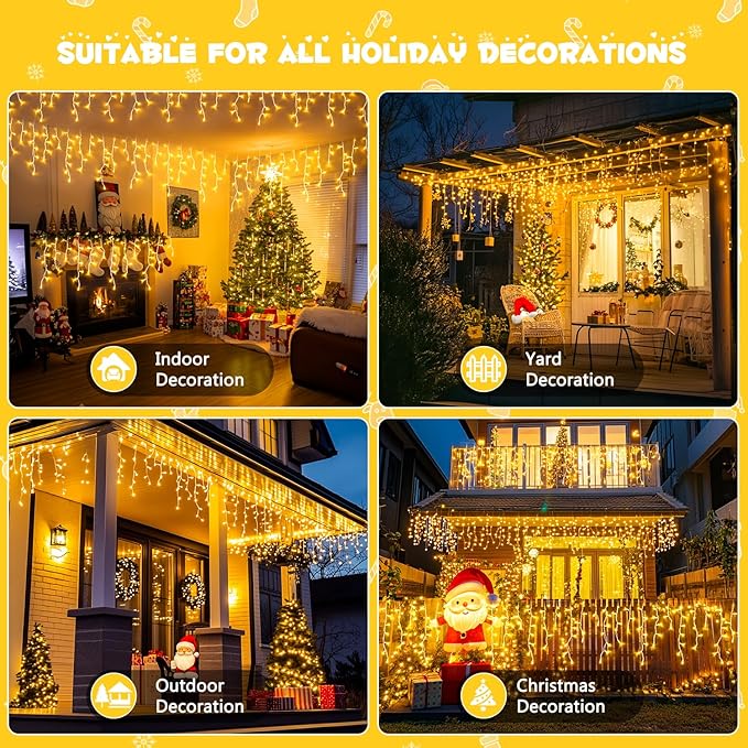 JMEXSUSS 38.8FT Icicle Lights for Outside, 400 LED Icicle Christmas Light Outdoor Indoor Plug in, Warm White String Lights for Christmas House Patio Party Fireplace Holiday Decorations