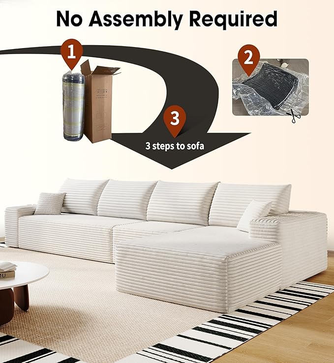 136" Sectional Couches for Living Room Modern Modular Sofa with L-Shape Couchs Upholstered Boneless Couch Deep Seat Sectional Couch with Chaise (White, Right Facing Chaise+3Seaters)