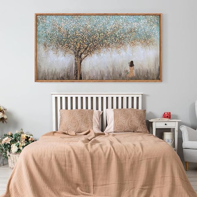 Aurlan Tree of Life Hand Painted Framed Wall Decor(40"x20"), Large Abstract Girl under Tree Oil Painting Canvas Artwork, Modern Nature Landscape Art for Office Living Room Bedroom