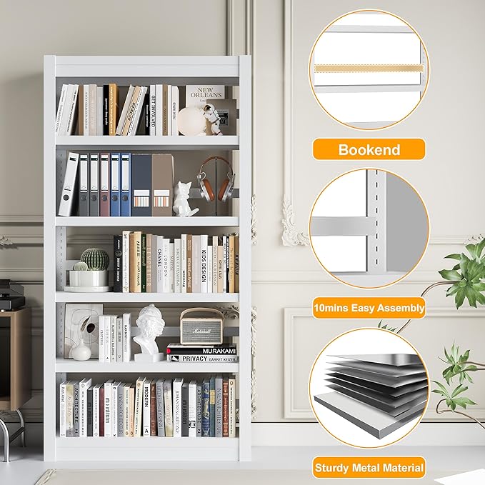 61" H Metal Bookshelf, 5 Tier Adjustable Bookshelf, White Small Bookcase, Bedroom Bookshelves and Bookcases, Modern Book Shelf for Living Room, Office, Easy Tool-Free Assembly