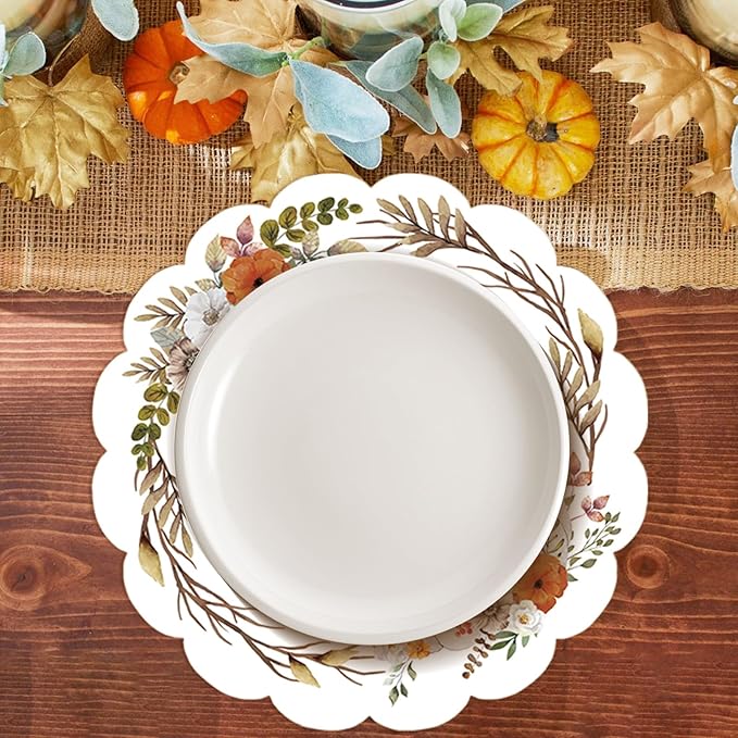 50Pcs Fall Flower Oval Paper Placemats,13.4 Inch Watercolor Pumpkin Leaves Round Table Mats Fall Thanksgiving Scalloped Disposable Placemats for Autumn Thanksgiving Birthday Party Supplies