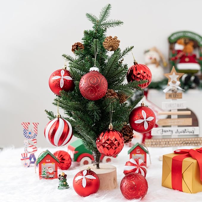 16Pcs Christmas Ball Ornaments Set, 3.15" Shatterproof Christmas Ornaments, Luxury Glitter Hanging Ornaments for Xmas Tree, Xmas Holiday, Party, Wedding (Red)