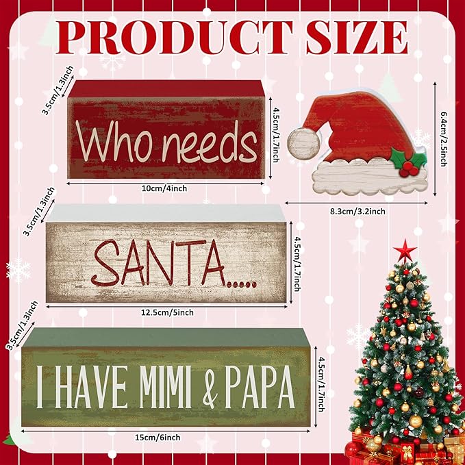 4 Pcs Christmas Table Decorations Wooden Red Santa Hat Christmas Tiered Tray Decor Rustic Wood Santa Hat Block Sign Xmas Centerpiece Mimi and Papa's Gift Decor for Home Shelf Kitchen