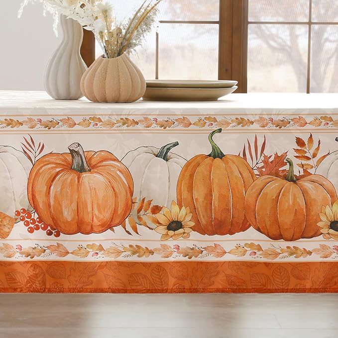 Softalker Fall Jacquard Rectangle Tablecloth, Thanksgiving Pumpkins Waterproof Table Cloth, Autumn Harvest Washable Table Cover for Holiday, Dining, Party Decor, 60 x 102 Inch