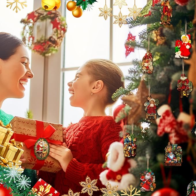 48 Pcs Vintage Wood Ornaments - Victorian Style Santa Claus, Snowman & Retro Decor for Christmas Trees