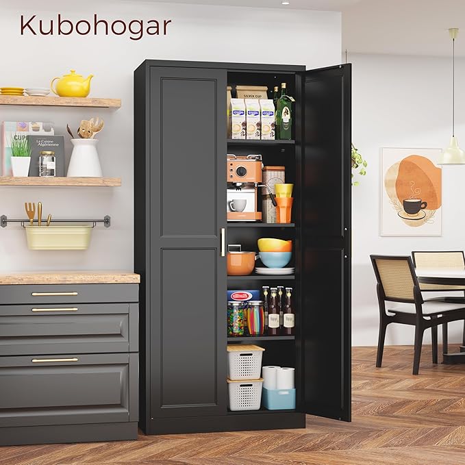 71" Tall Metal Pantry Cabinet, Black Kitchen Pantry Storage Cabinet with 4 Adjustable Shelves and Gold Handles, Cupboard for Kitchen, Dining Room, Living Room, Bathroom