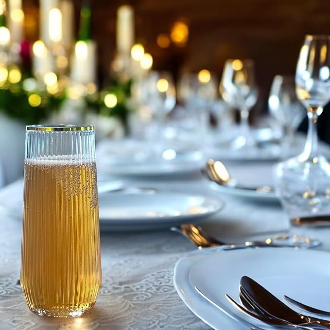 48 Pack Ribbed Ripple Stemless Toasting Glasses, Origami Durable 9 Oz BPA-Free Disposable Plastic Champagne Flutes for Weddings, Bars, Events, and Celebrations (Gold Rim)