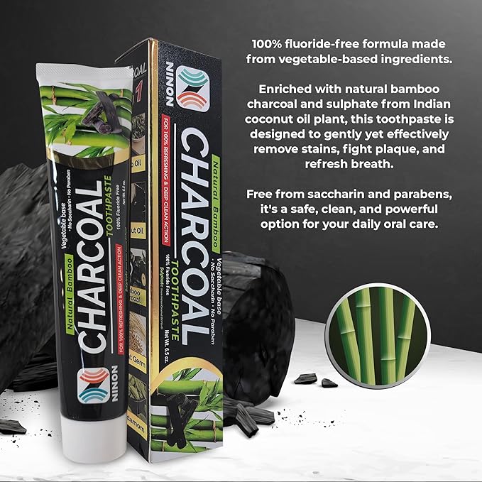 Activated Charcoal Whitening Toothpaste, Fluoride-Free, Enamel-Safe, Natural Mint Flavor, 6.5oz Tube for Stain Removal and Fresh Breath Pack of 1