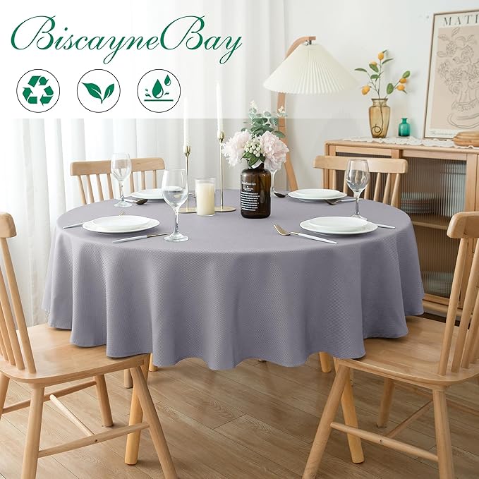 Biscaynebay Textured Fabric Round Tablecloths 60", Silver Grey Water Resistant Table Cloth Small Circle Folding Table Covers for Dining, Kitchen, Wedding & Parties, etc Machine Washable
