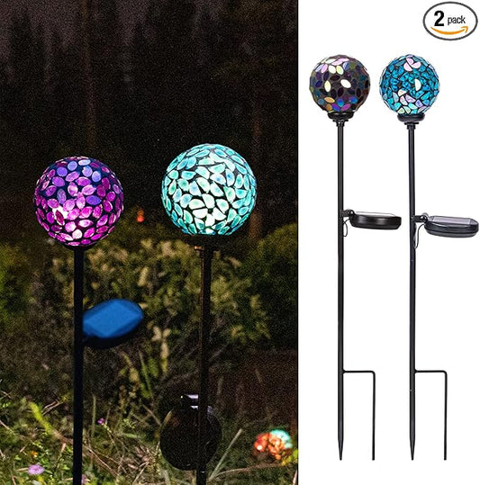 VCUTEKA Solar Garden Decorative Lights Outdoor, Mosaic Solar Light Waterproof LED Pathway Stake Light for Landscape Patio Yard Deck Walkway Decoration, 2 Pack （Blue&Purple）