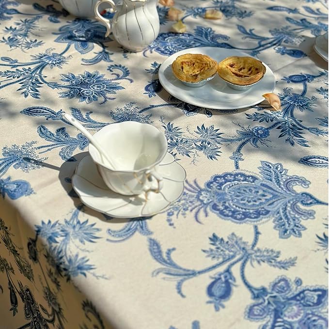 Outdoor Rectangular Tablecloth 60 x 84 Inch, Blue Floral Waterproof Table Cloth, Thick Fabric Dining Table Cover for Outdoor, Easter, Picnic, Farmhouse, Wedding, Spring Summer - Blue Flower