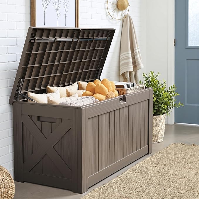 JUMMICO 120 Gallon Resin Deck Box, Large Outdoor Storage Box Waterproof & Lockable for Garden, Patio, Pools (Brown)