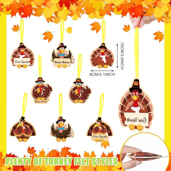 8 Pcs Thanksgiving Tree Ornaments Turkey Felt Thanksgiving Tree Decoration Give Thanks Gobble Hanging Ornaments with Rope for Harvest Theme Party Supplies Fall Door Decor