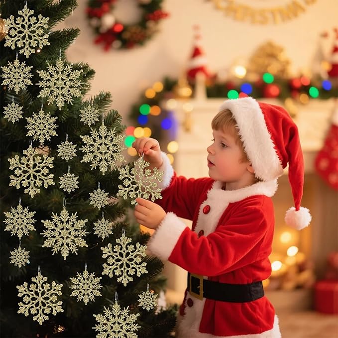 Christmas Tree Decorations Snowflake Ornaments, 36Pcs Glitter Gold Plastic Hanging Snowflakes from Ceiling Snow Flakes Decorating Hanging for Winter Wonderland Decorations Indoor Outdoor Decor