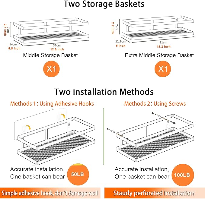 PUSDON Hanging Storage Baskets Organizer Wall Mount, Metal Wire Storage Bin Rack for Kitchen Bathroom Shower Spice Shelf Home Decor Essentials White-2 Packs (Guardrail)
