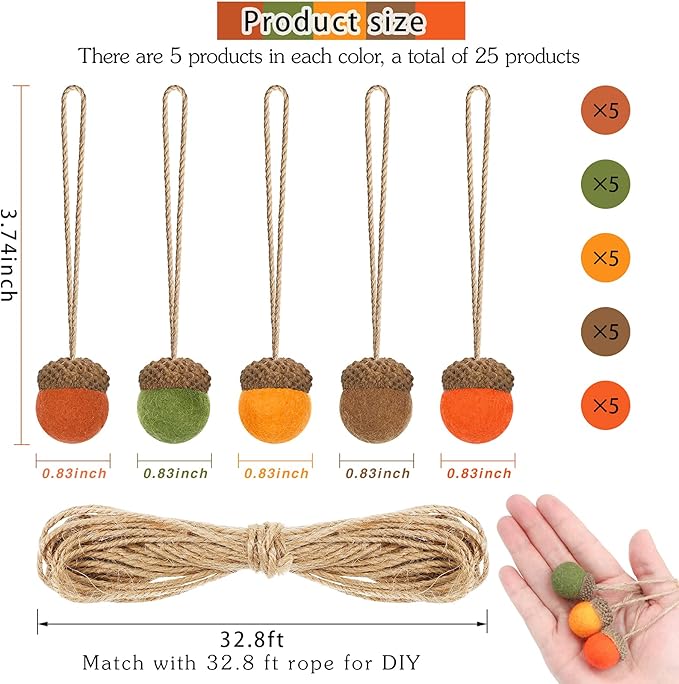 Tatuo 25 Pcs Fall Felt Acorn Ornament Hanging Wool Felted Acorn Garland for Fall Tree Ornament Thanksgiving Felt Ball Pom Decor with Rope for Thanksgiving Christmas Tree Mantel Wall Home