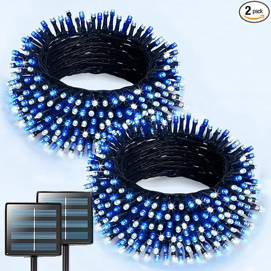 JMEXSUSS 2 Pack Blue and White Solar Christmas Lights, Total 400 LED 151FT Solar String Lights Outdoor Waterproof, 8 Modes Solar Light for Outside Tree Patio Christmas Decorations
