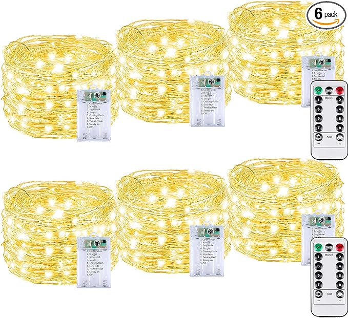 6 Pack 60LED Battery Operated Fairy Lights with Remote, 8 Modes LED String Lights with Timer, Dimmable, Memory Function, Waterproof Twinkle Fairy Lights for Outdoor Indoor Christmas Decor(Warm White)