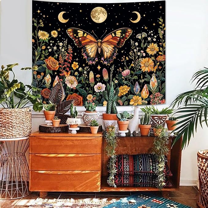 Lunerfex Boho Butterfly Tapestry Flower Moon Wall Tapestry, Moon Phases Tapestries for Bedroom Cute Tapestries Wall Hanging for Bedroom Living Room Decor Butterfly-2 44"x60"