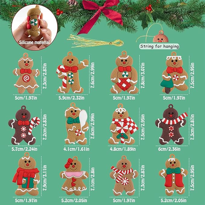 12pcs Gingerbread Man Ornaments for Christmas Tree, Assorted Gingerbread Figurines Ornaments, Christmas Tree Hanging Decorations, 3 Inch Tall
