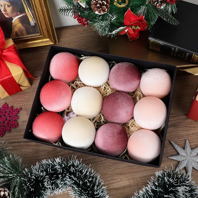12Pcs Velvet Christmas Ornaments Balls,Pink Christmas Tree Decoration Shatterproof Ball with Hanging for Party Decor Multicolor Pink Beige 80mm/3.15in